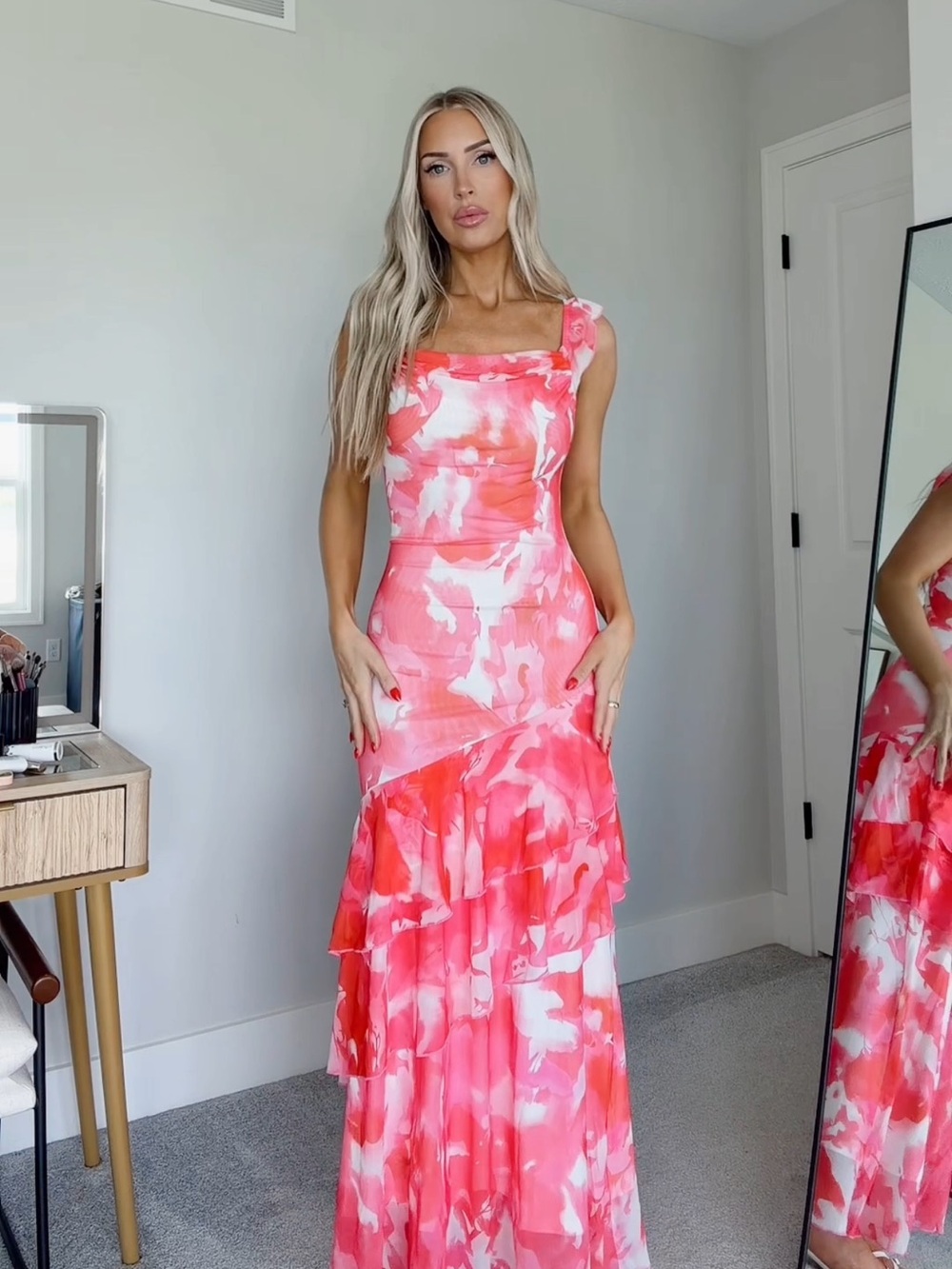 Pink Watercolor Ruffle-Tier Maxi Dress
